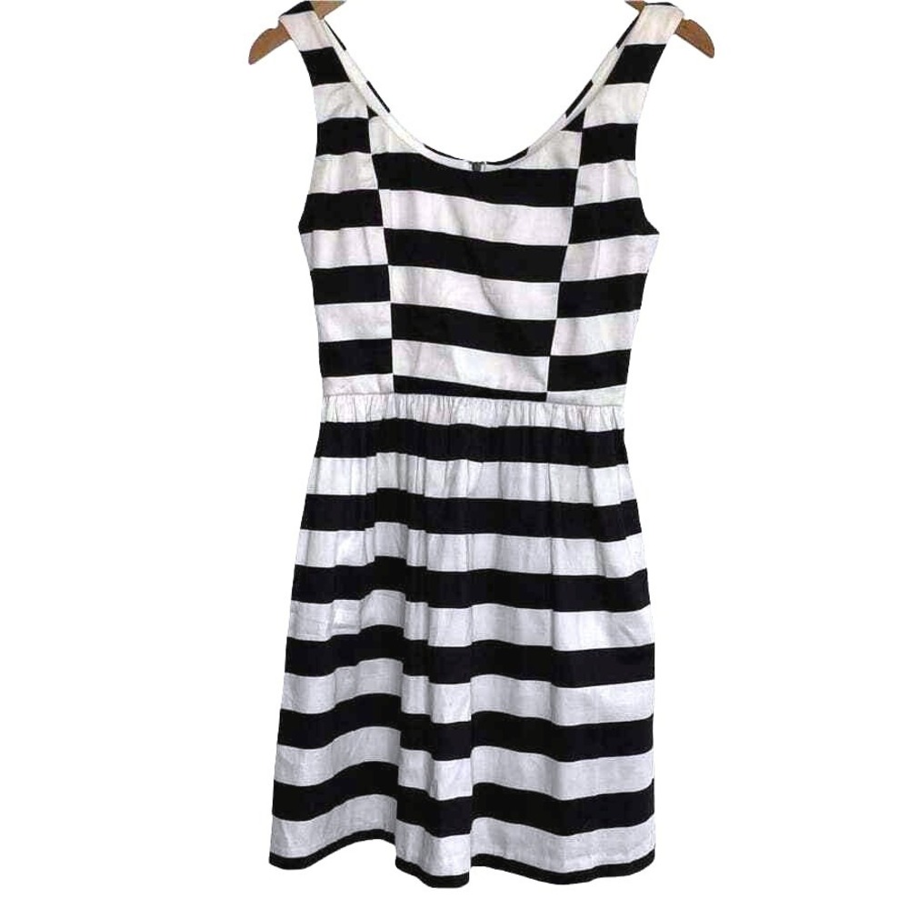 Aqua Striped Fit and Flare Dress Women XS NWT Pockets Back Zip Black White Retro
